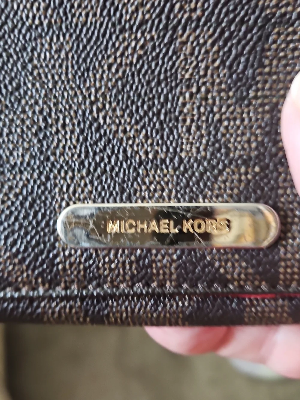 Michael Kors Black and Brown Signature Compact Wallet with Gold Plaque